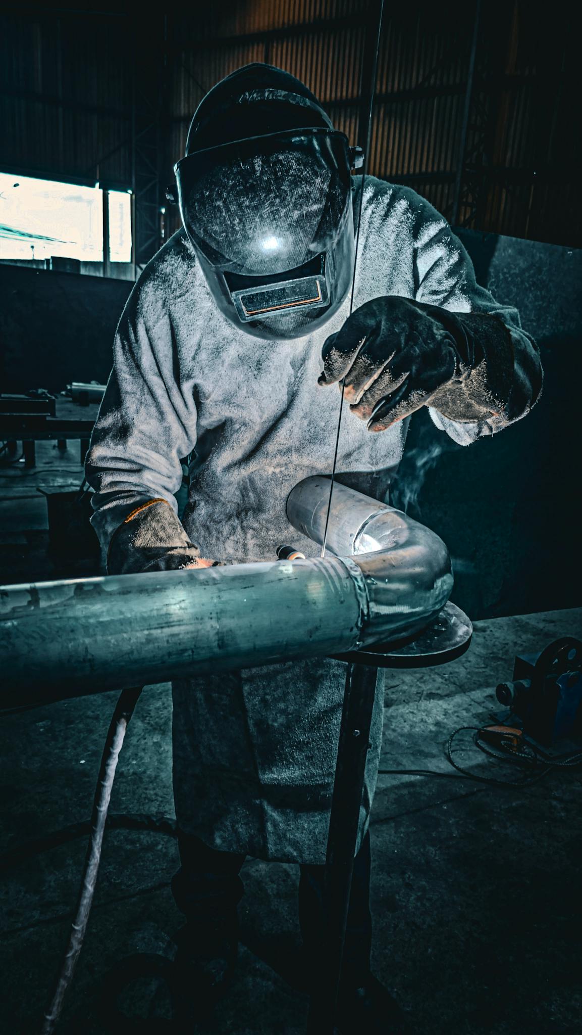 A welder wearing safety gear works on a metal pipe in a workshop.